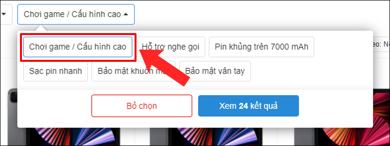D&ugrave;ng bộ lọc chọn Chơi game / Cấu h&igrave;nh cao
